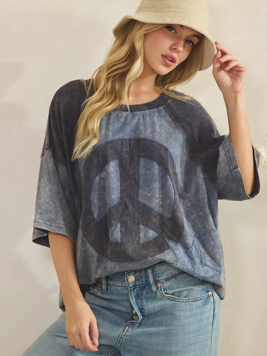 Sage + Fig Tops - Sage + Fig Blue Mineral Wash Peace Star Patch Short Sleeve Top